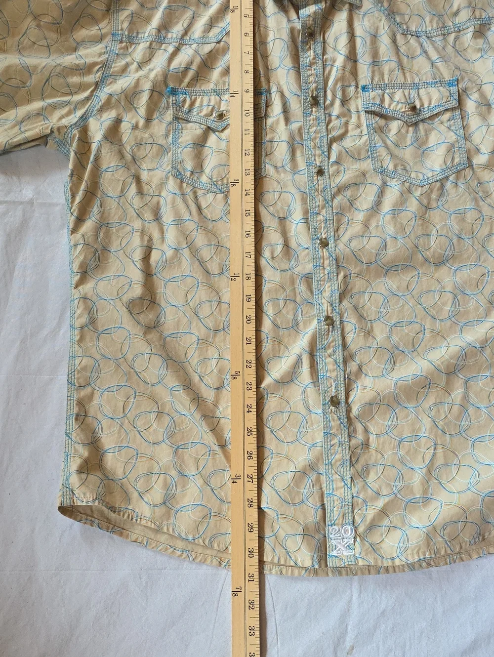 Twenty X Men's Beige Button-Up Shirt Blue Circular Print Pearl‎ Snaps Western XL